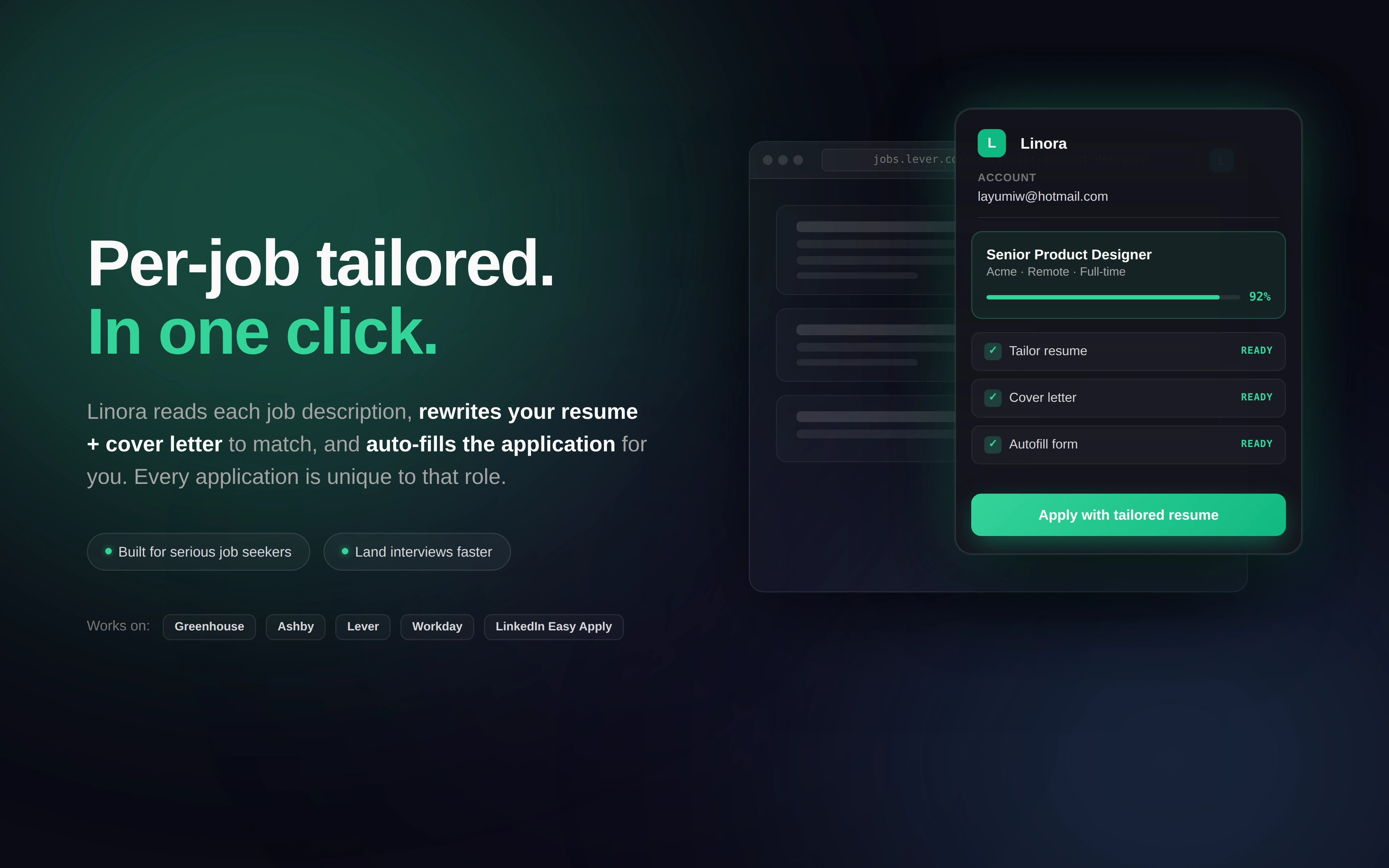 Linora extension on a job listing — tailored resume + cover letter + autofill in one click
