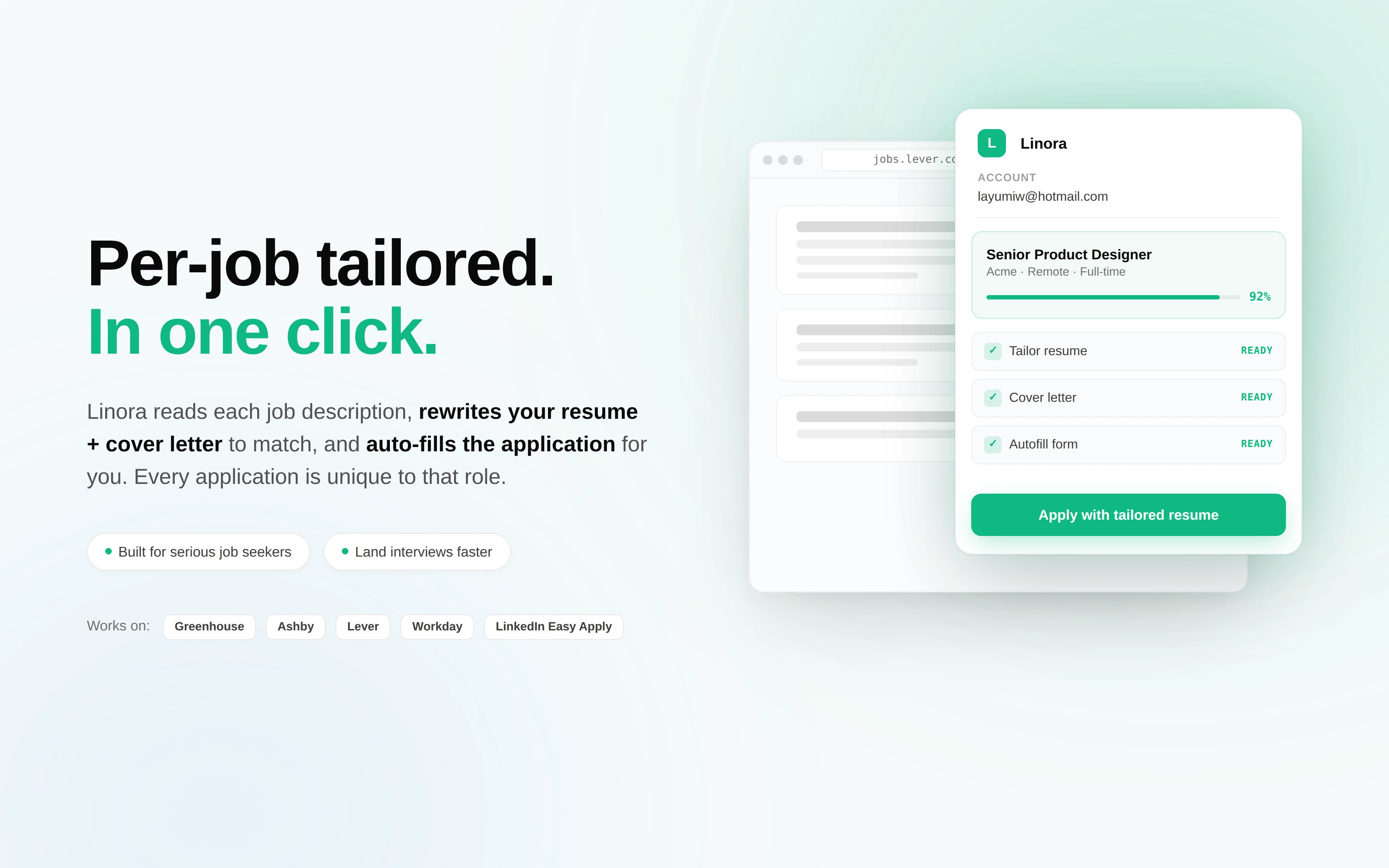 Linora extension on a job listing — tailored resume + cover letter + autofill in one click